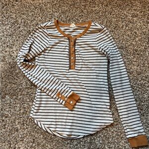 Hem & Thread Tan and Black Striped Top with Mustard Brown Trim